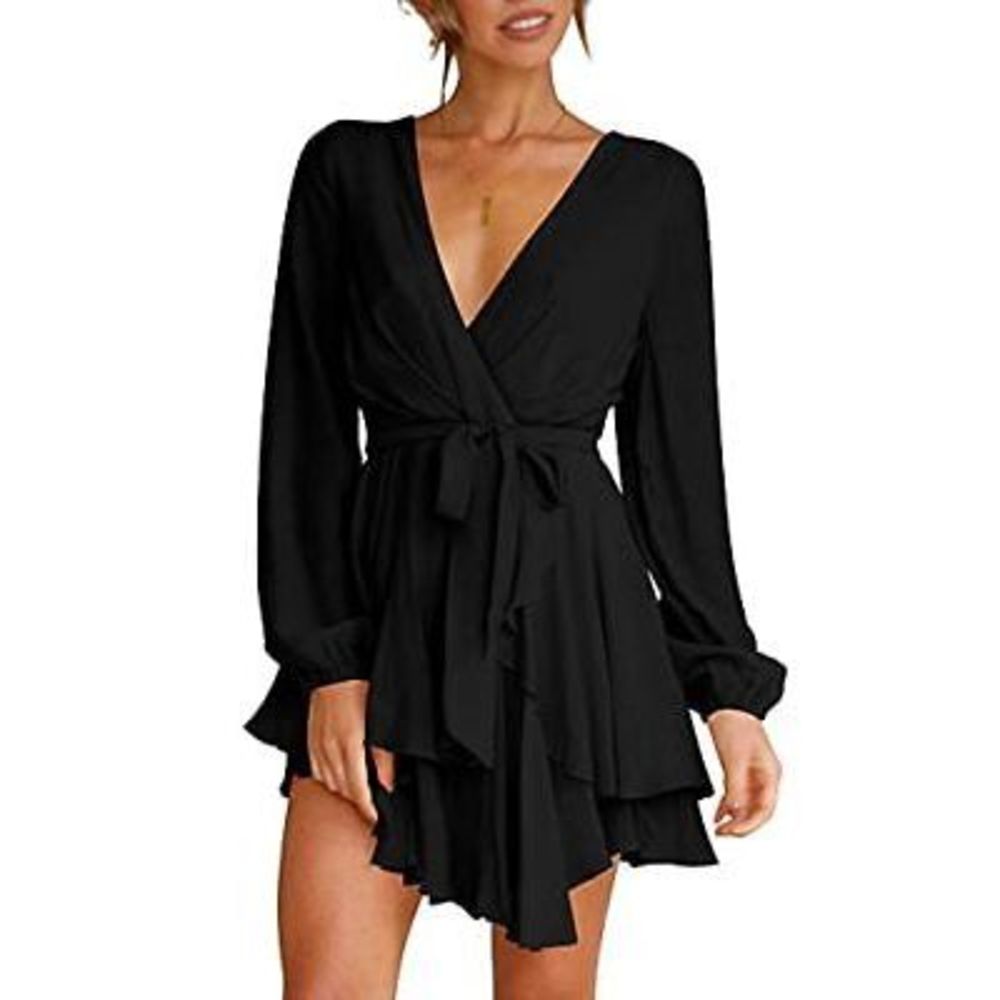 Womens Mini Dress Deep V-Neck Baggy Sleeve Ruffle Hem Short Dresses Black S,